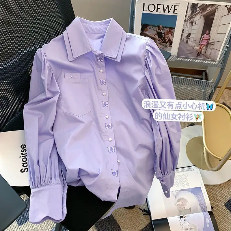 Korejpaa Purple Double-layer Collar Shirt Jacket Women 2024 Early Autumn New Embroidered Butterfly Long Sleeved Top Blusas