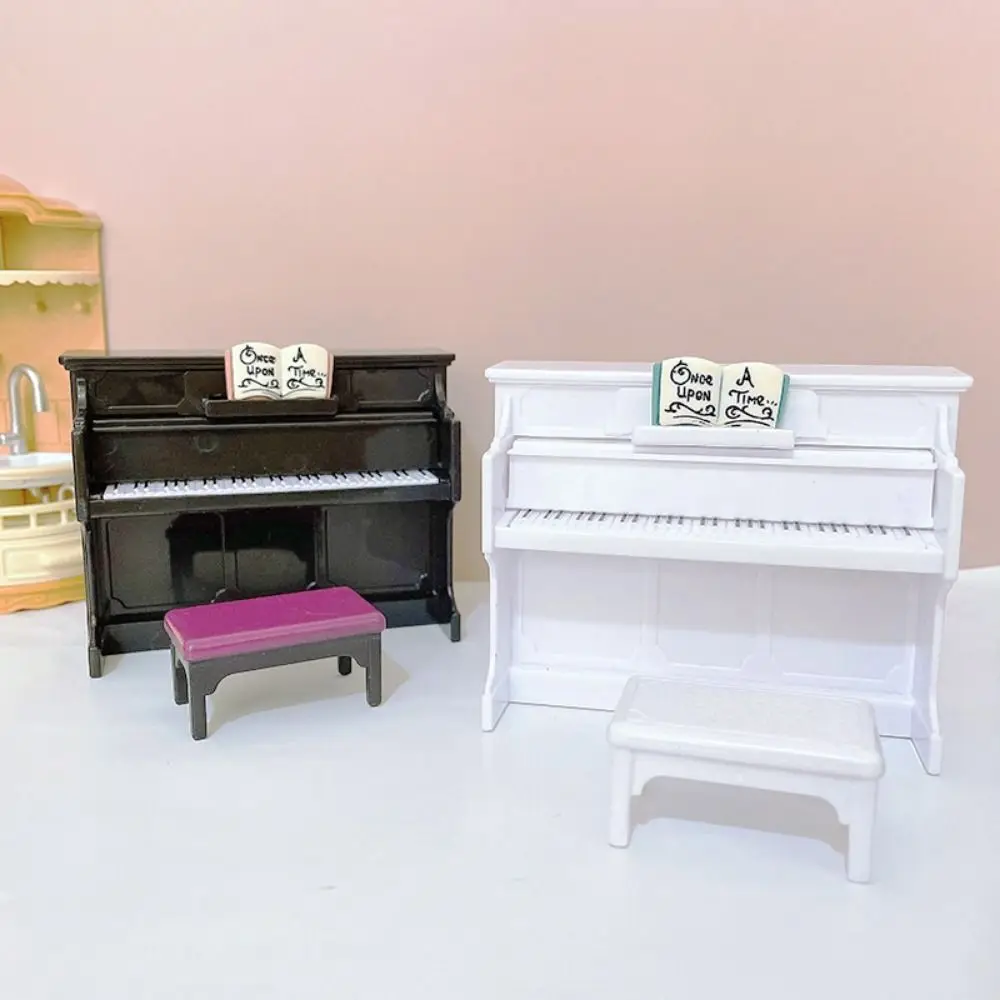 Mini Piano de cauda de madeira com tamborete, Dollhouse Miniature Acessórios, Instrumento Musical, Model Toy, Doll House Decor, Simulação, 1:12