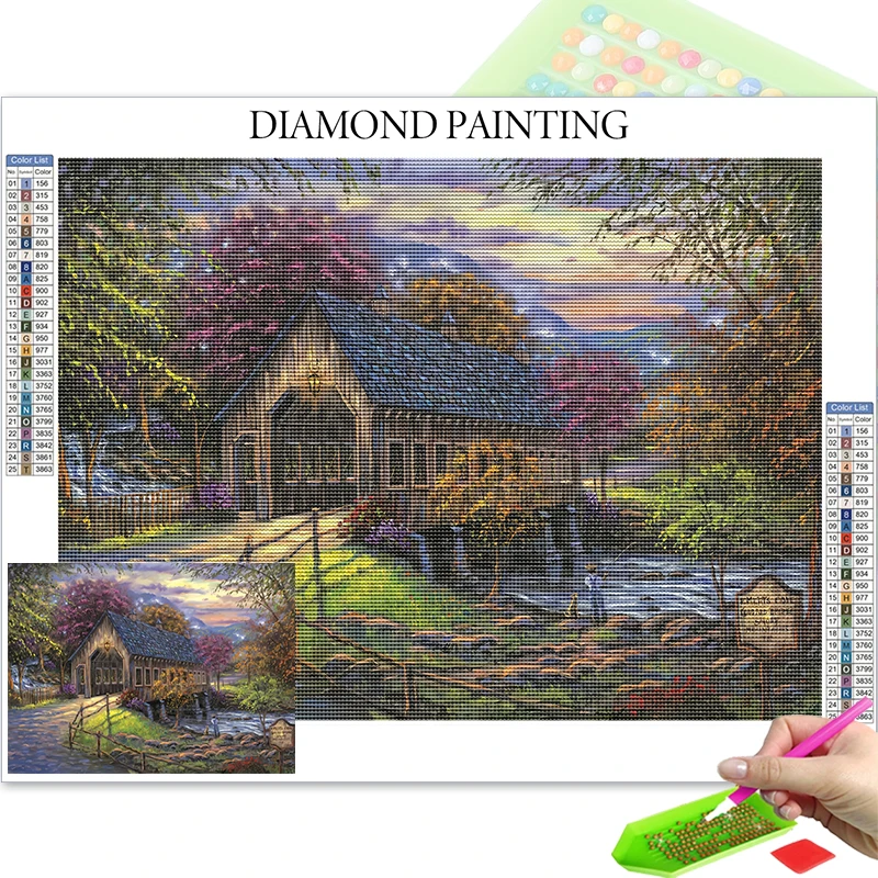 New Arrivals Diamond Paintings Nature Scenic Cross Stitch Crafts Supplies Adults Forest Tree River Landscape Diamond Art Kits