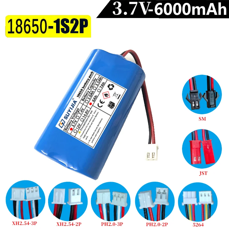 3.7V 6000mAh 18650 1S2P Li-ion Battery Pack XH2.54 SM Plug – for LED Light/Toy/Beauty Salon/Power Tool