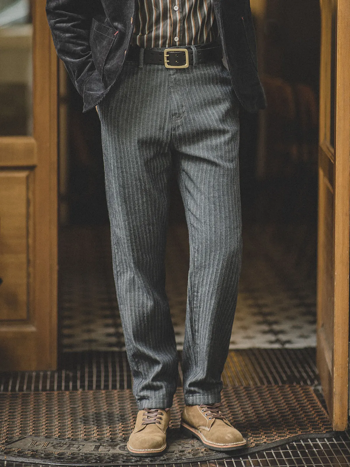 

Maden ey Striped Slim Fit Men's Jeans American Retro Straight Leg Long Trousers Spring Casual Comfortable Cotton Jeans