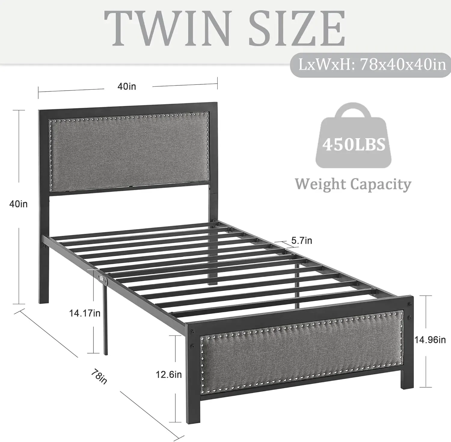 Twin Size Bed Frame with Linen Fabric Headboard and Footboard, Heavy-Duty Platform with Strong Steel Slats, No Box Spring Needed