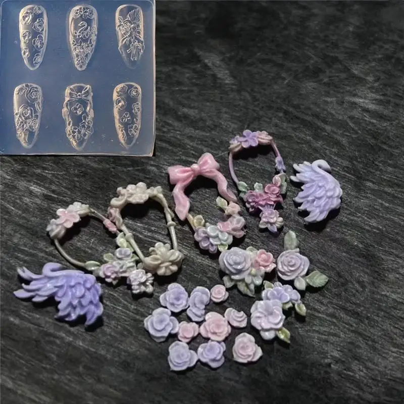 New 1Pcs Lace Bow Strawberry 3D Silicone Mold DIY Nail Art Decor Cartoon Rabbit Flower Transparent Mold Manicure Design Tool
