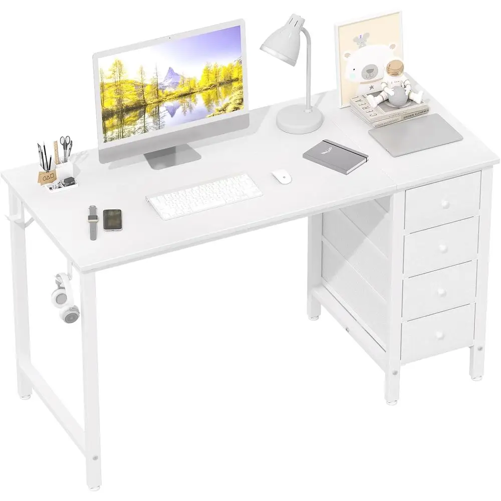 

47 Reversible Study Desk with Fabric Drawers, White, Perfect for Home Office and Bedroom
