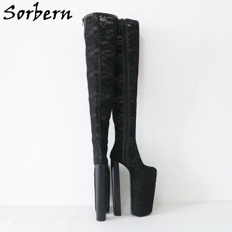 Sorbern 30Cm Block Heel Women Boots Black Lace Over The Knee Platform Shoes Custom Fetish Drag Queen Boot Cosplay Heeled