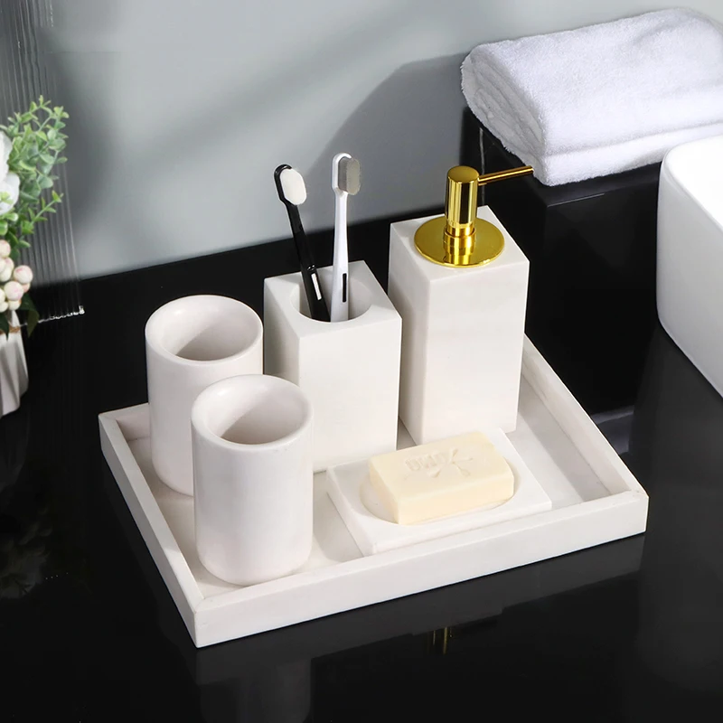 White Volakas Natural Marble Bathroom Accessories Set Stone Soap Dish Toothbrush Case Soap Dispenser Set for Bathroom