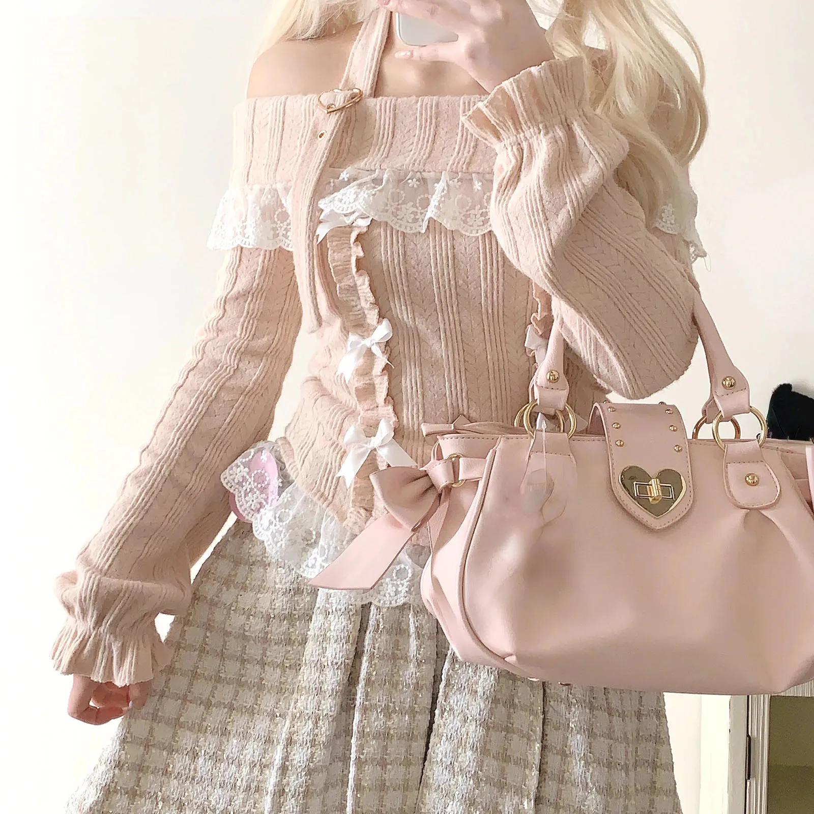 Lolita Slash Neck Halter Sweater Women Japanese Kawaii Lace Patchwork Y2k Aesthetic Grunge Bottoming Crop Tops Pullover Knitwear