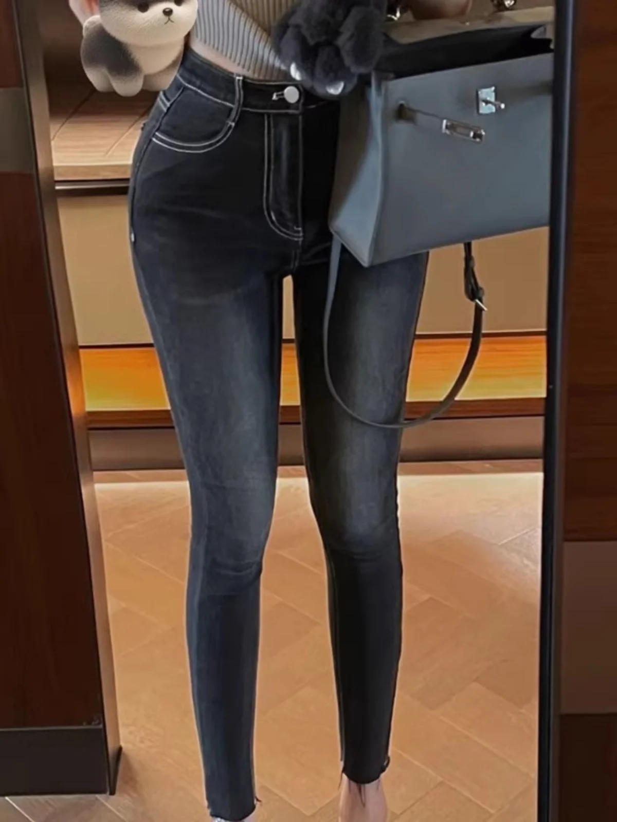 

Женские джинсы с высокой талией из хлопкового стрейч-денима, осенняя новинка, облегающие, корейская версия, эластичные, с эффектом утяжки, модель «обертывание вокруг талии»