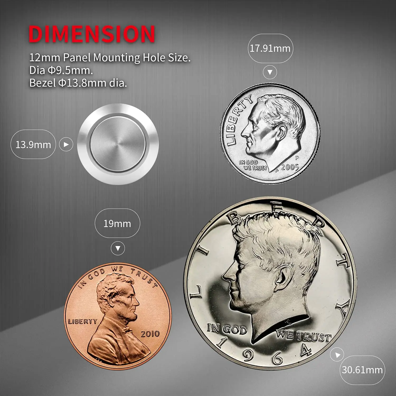 DaierTek 6PCS 12mm Momentary Push Button Switch 12V Waterproof Power Pushbutton Small Round Chrome Stainless Metal 2pin N/O