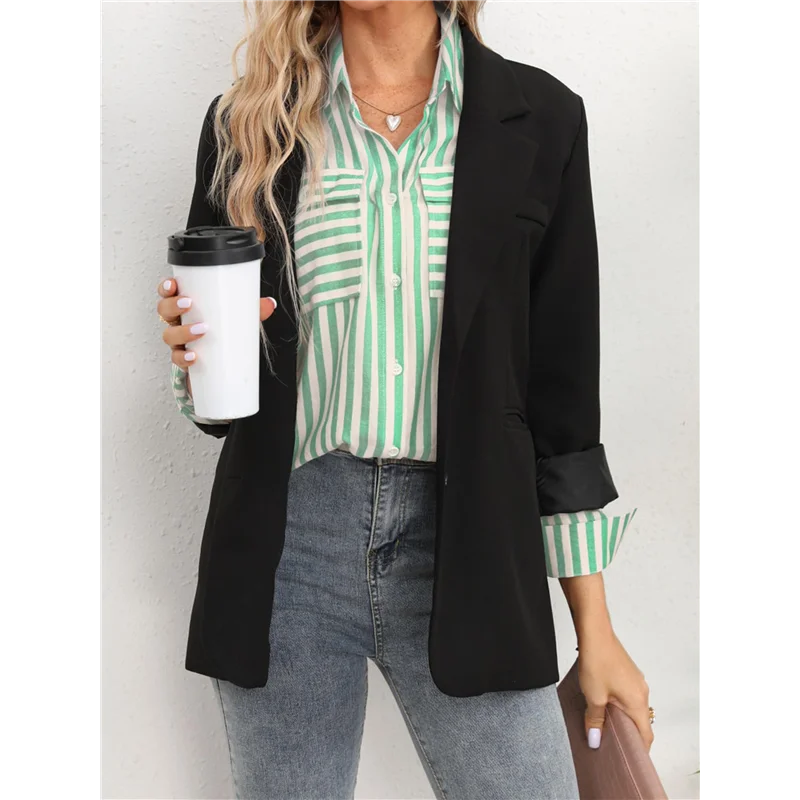 ASDS-gestreepte button-down damesoverhemden, casual stijlvolle blouses met lange mouwen en V-hals, tops met zakken