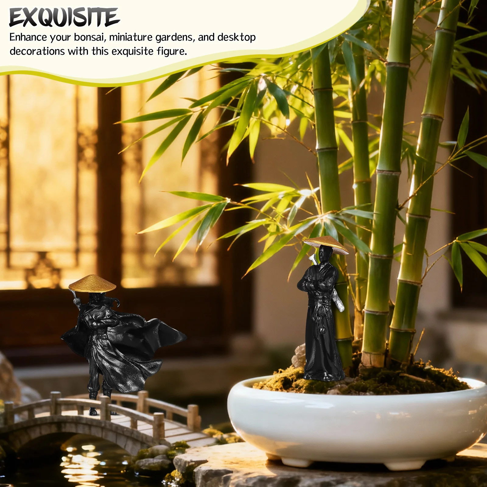 

2Pcs Exquisite Ancient Figure Ornaments Jianghu Style Warrior Mini Sculpture for Miniature Gardens Bonsai Terrariums Desktop