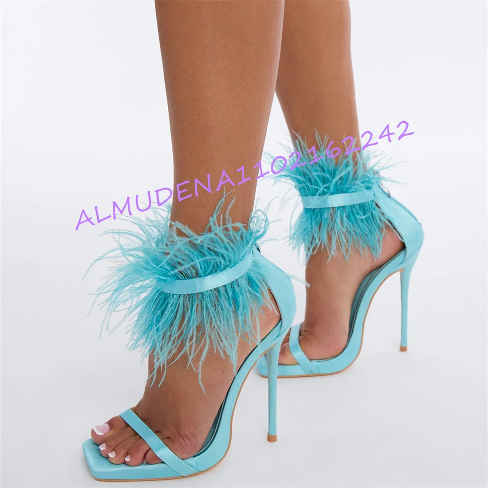 Women Feather High Heel Sandals Open Toe Stiletto Shoes Turquoise Ankle Strap Square Toe Fashion Party Wedding Evening Footwear