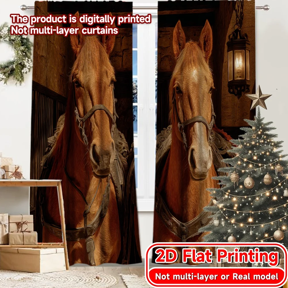 2D FLAT PRINTING 2pcs Curtains (Without Rod) Horses in Barn Doors Holiday New year Printed Curtains Polyester Easy Install