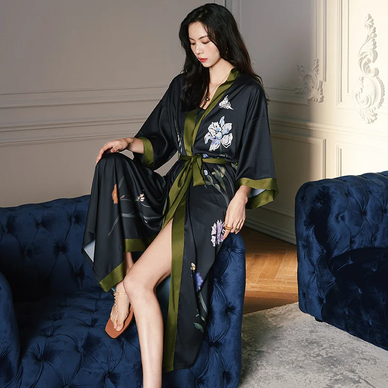 Print Flower Long Robe Nightgown Spring Summer Three Quarter Sleeves Kimono Bathrobe Gown Women Satin Home Dress Lounge wear