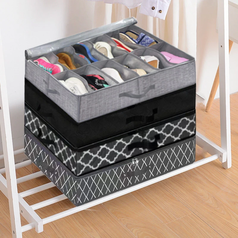 صناديق تخزين الأحذية غير المنسوجة منظم تحت السرير مقاوم للغبار صناديق تنظيم الأحذية الشفافة 12 زوجًا حقائب حامل الأحذية القابلة للطي