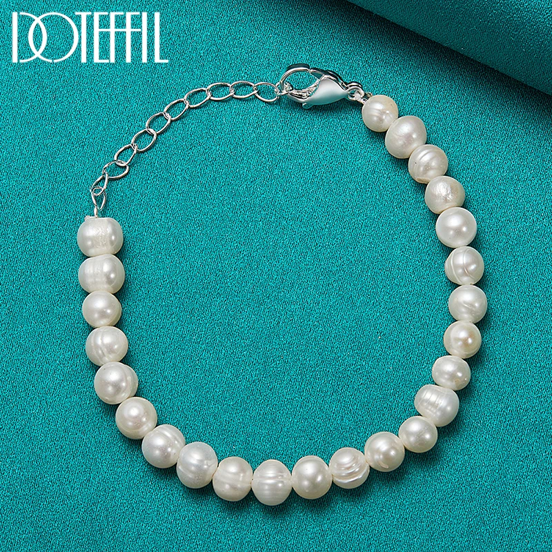 DOTEFFIL 2pcs 8mm Natural Pearl Beaded Chain 925 Silver Buckle Necklace Bracelet Set For Women Wedding Engagement Party Jewelry