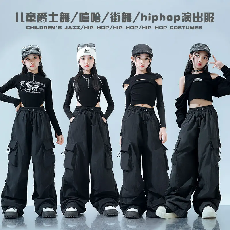 Kinder Jazz Dance Kostüm Set Hip Hop Schwarz Enge Crop Top Mädchen Bühne Laufsteg Mode Langarm Camouflage Hosen Kostüm