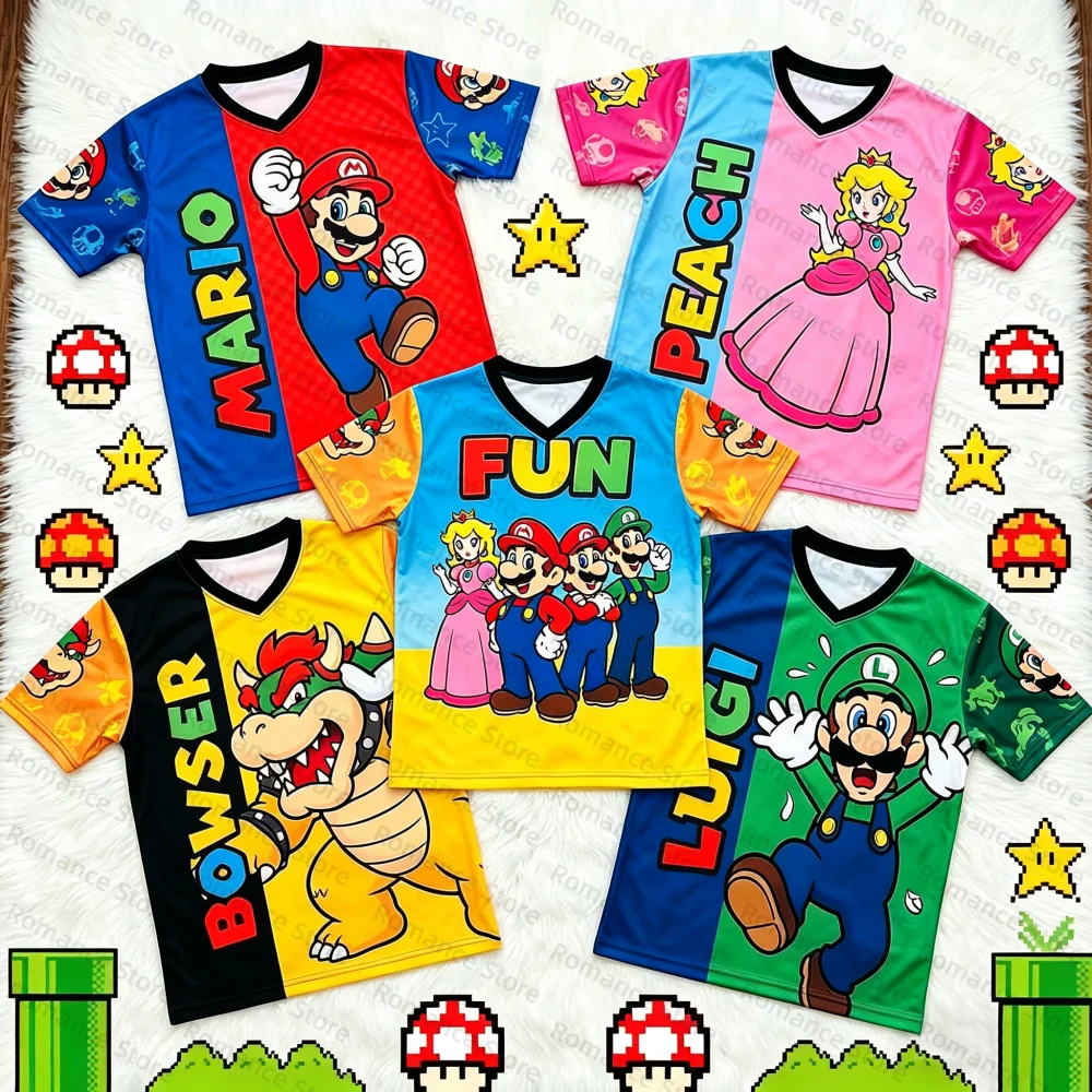 

Super Mario Bros Kids Jersey T-shirt MarioPeachLuigi Cartoon Print Summer Short Sleeve Tee for Boys Girls Tops Adult T-shirt