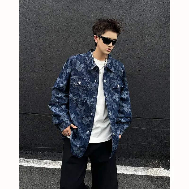 

Blue Plaid Denim Jaet Men's Loose Fit Collarl Trendy Brand Spring Autumn New Sle Casual Busin ort Sve Coat