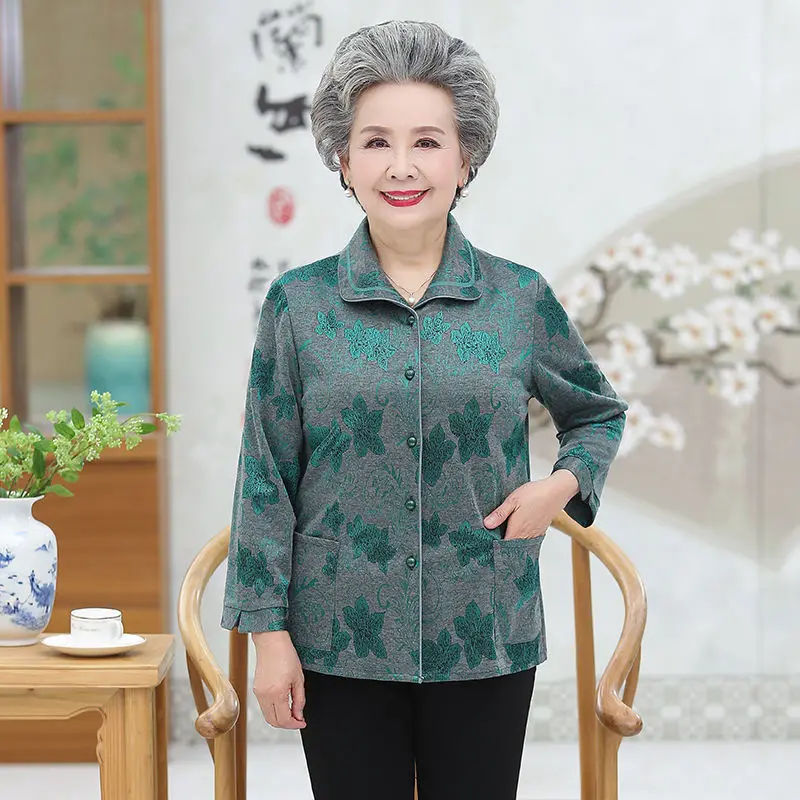 5XL Elderly Women Blouse 2023 Spring Autumn Long Sleeves Print Mother Shirts Casual Cardigan Tops Grandmother Blusa Shirt W564