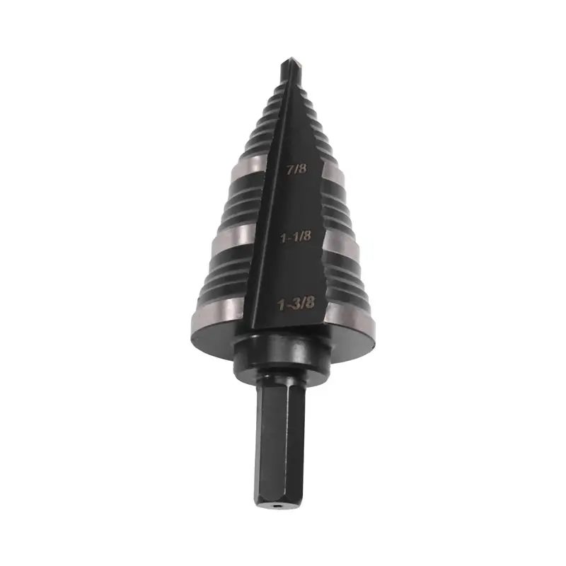 B69C High-Speed Steel Inch Step Drill, 3/8" Hexagonal Shank Nitrided Pagoda Drill- Stainless Steel Hole Openings Of 7/8-1 To 3/8