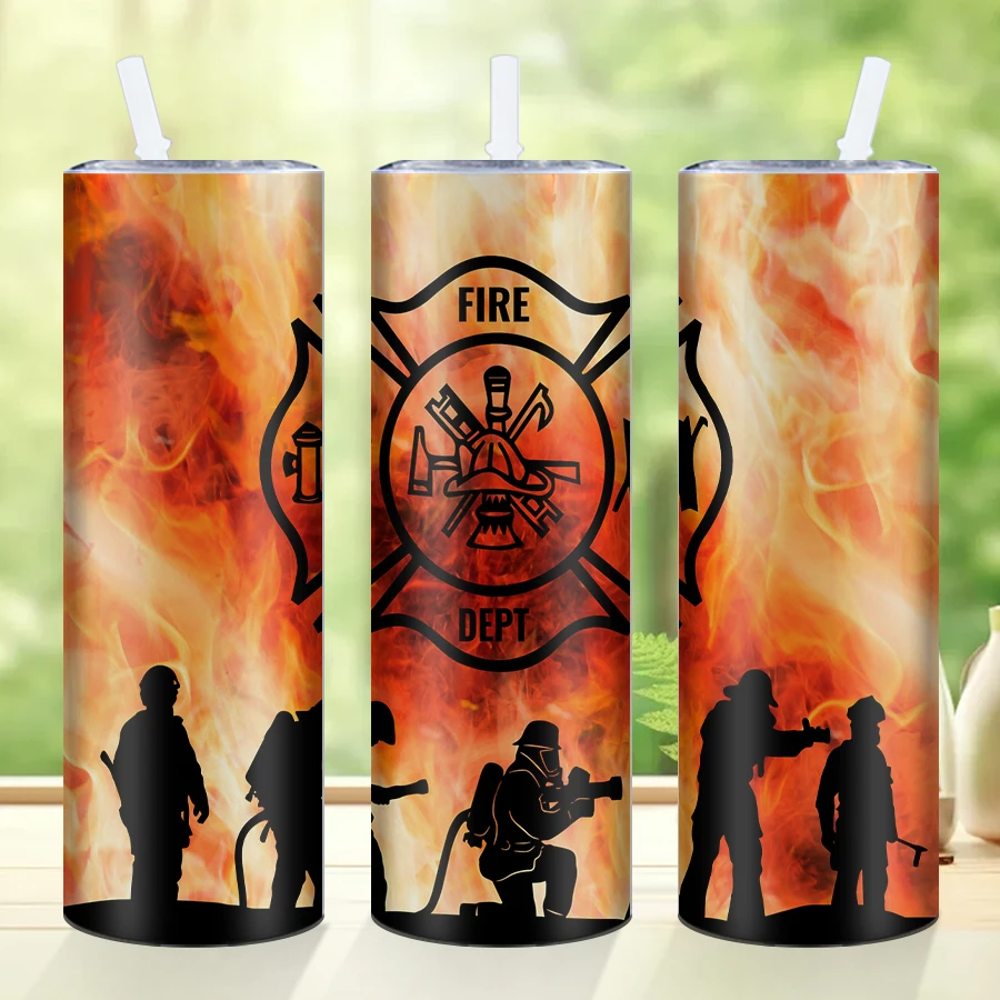 3D Fireman Pattern Sublimation Stainless Steel Tumbler With Lid And Straw Skinny Water Bottle Suitable For Gift Giving