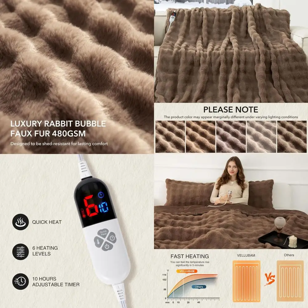 

Camel Full Size Electric Blanket with 6 Heat Levels & 10 Timer Options, Soft Faux Fur, Ideal for Dorms & Gifts