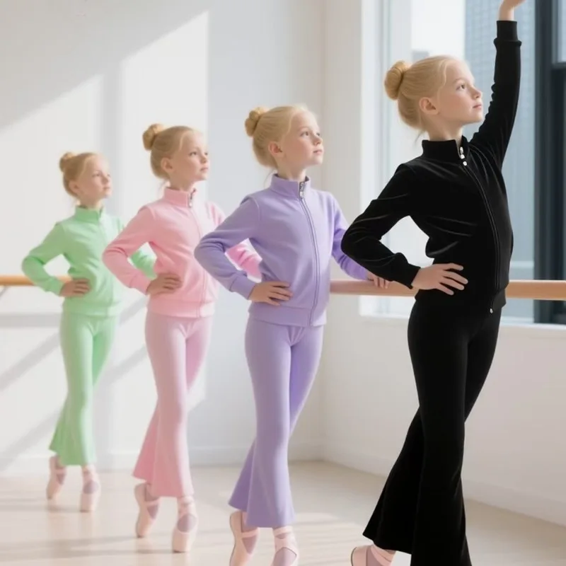 Kids Thermal Dance Tracksuit Set Stand Collar Jacket Zipper Trousers Chinese Folk Dance Winter Wear