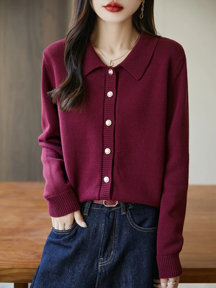 

Pure Cotton Collar Knitted Open Cardigan Long Sve Women's irt Ele Base Layer Top 2025 New Sle Sweater