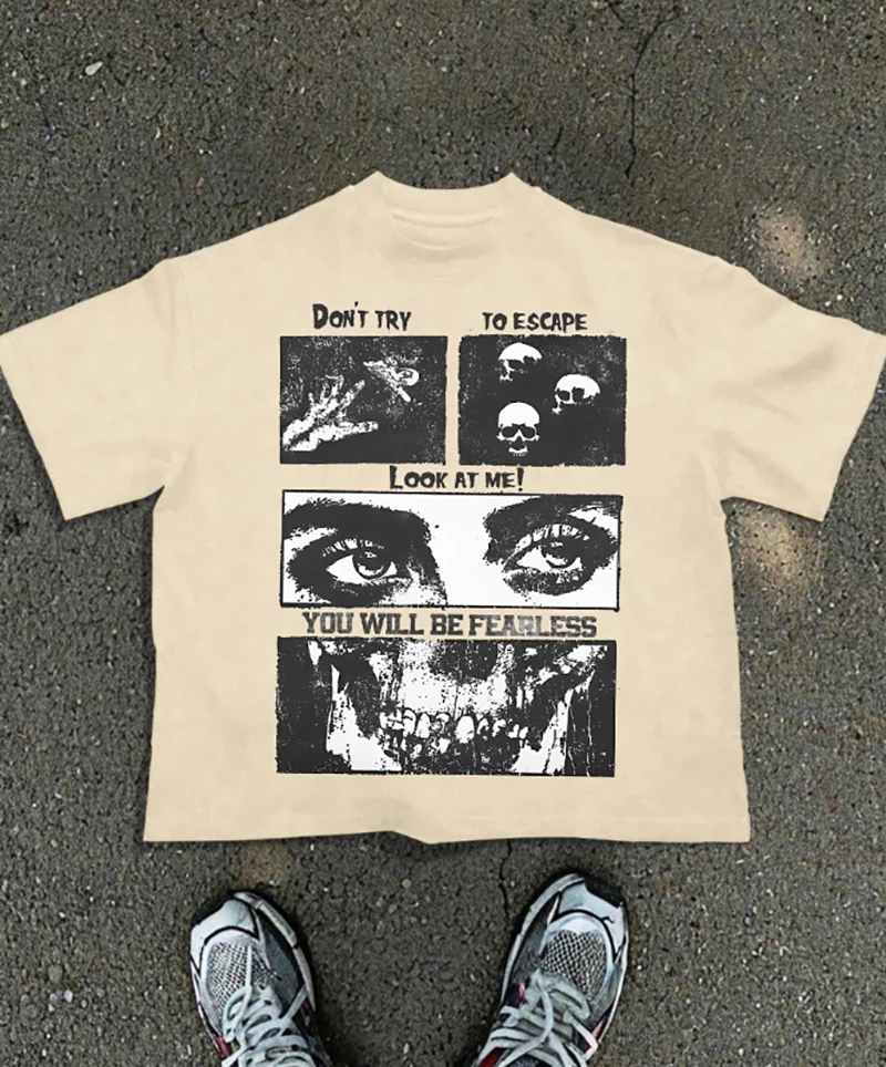 

Мужская летняя уличная модная футболка с черепом темного контрастного цвета с принтом и коротким рукавом