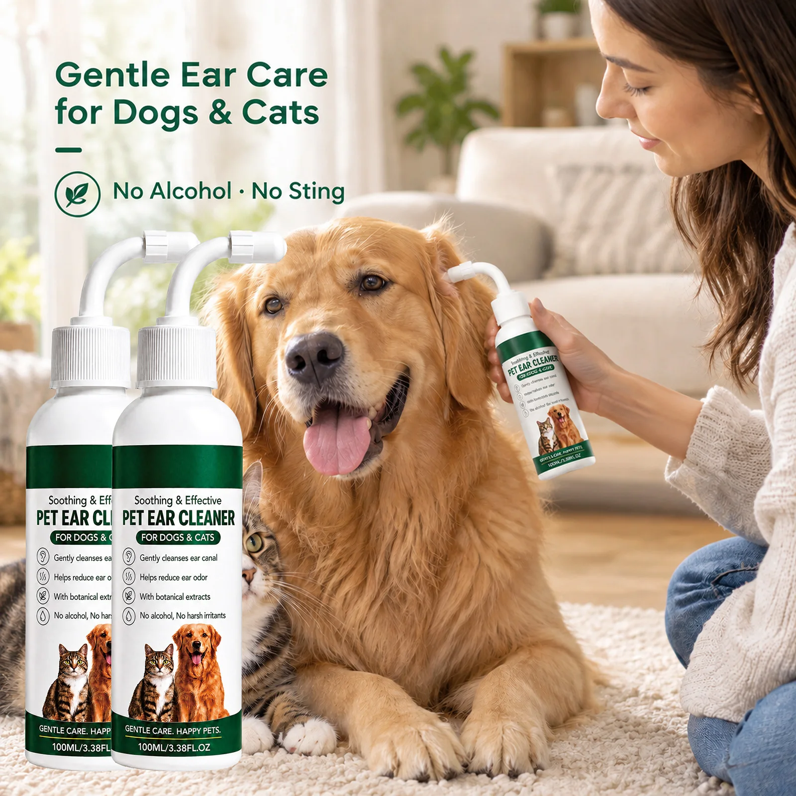 100ml Pet Ear Cleaner For Dogs Cats Gentle Ear Cleansing Solution Odor Control No Alcohol Soothing With Botanical Extracts