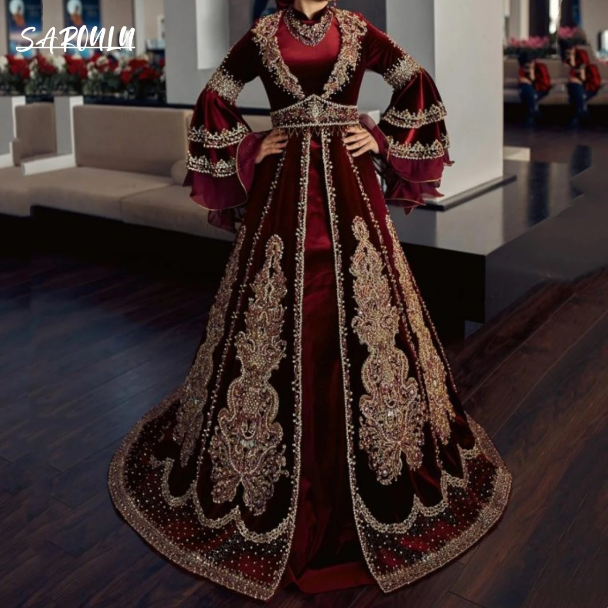 Gaun Prom wanita bermanik Sultan yang indah gaun malam Formal malam kerajaan Vintage leher tinggi lengan Flare panjang Dress ال