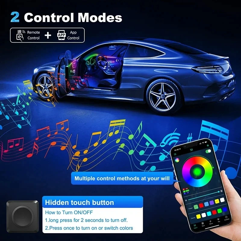 Full 64 Color Streamer Car Ambient Lights RGB Color Universal LED Interior Hidden Ergonomic Strip Symphony Atmosphere Lamp