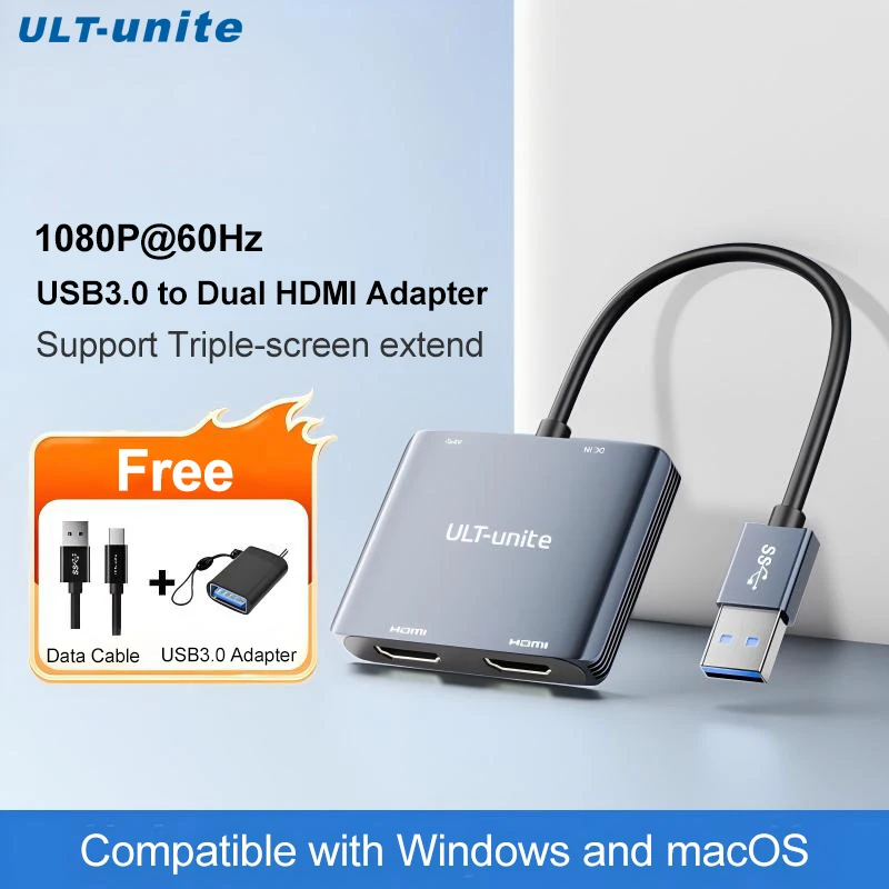 USB 3.0 to Dual HDMI Adapter, Audio Video Graphics Converter Cable for Laptop Monitor Desktop TV USB to HDMI Adapter