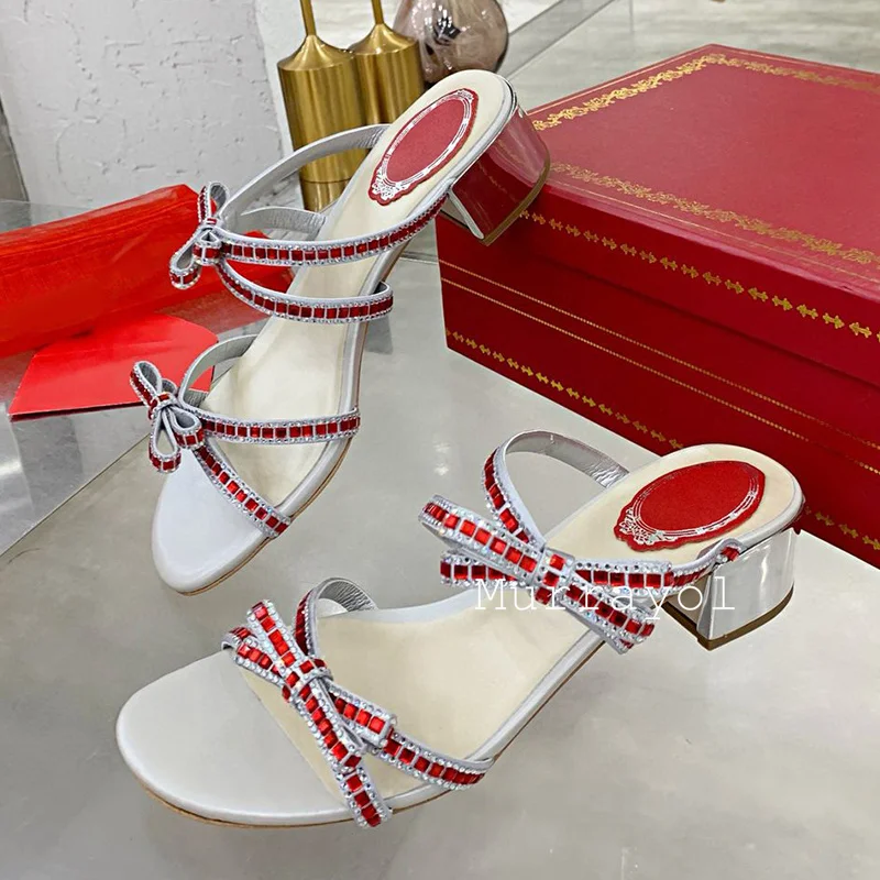 Zapatillas de tacón cuadrado con punta abierta para mujer, sandalias con decoración de diamantes de imitación y nudo de mariposa, zapatos de vestir de verano, zapatos de tacón, zapatos de hadas