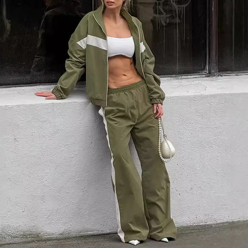 

European American new casual color contrasting splicing sweater sports suit autumn temperament commuter two-piece set women