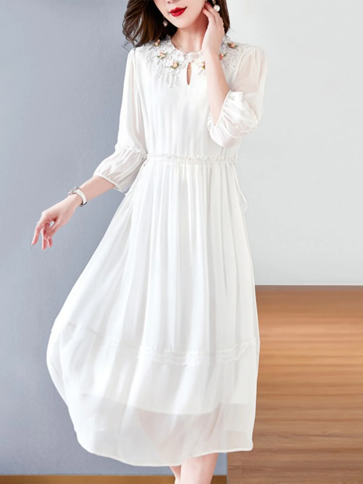 Ele White Silk Dr Damen Summer Faion Mom's Seidenrock Chiffon Material Bell Sve Midi Dr Pure Color