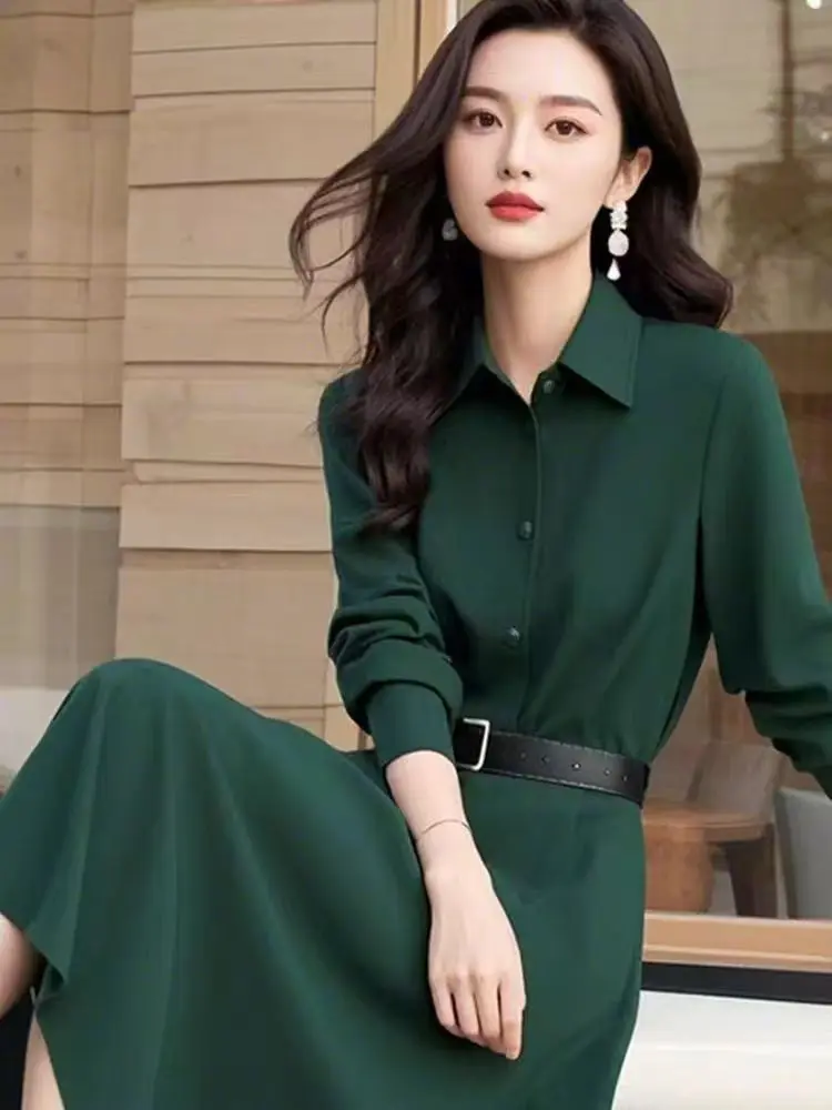 新しいライト高級秋ドレス女性ハイエンドファッションラペル長袖スリムウエストエレガントなグリーンオフィスレディドレス Vestidos