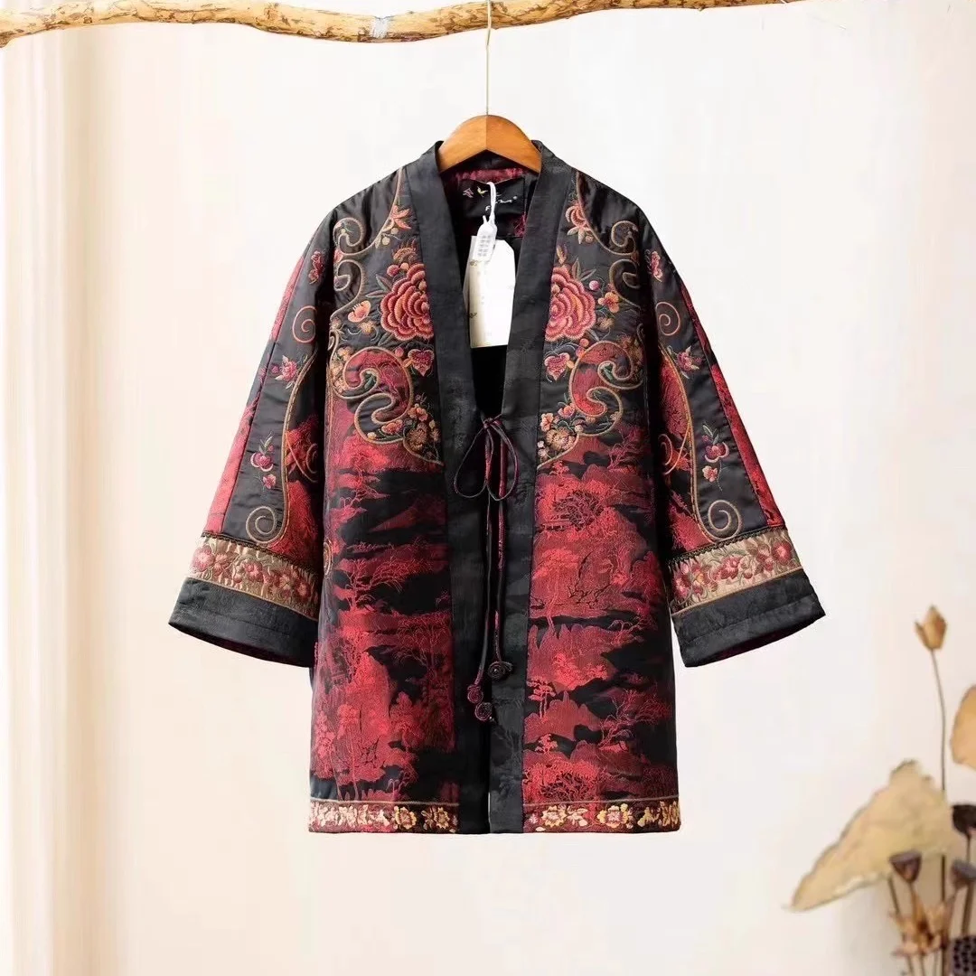 

Luxury Winter women clothes Embroidered rayon loose middle long padded jackets Retro V-neck Ethnic Style outerwear coat