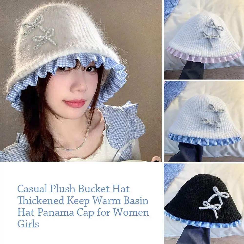 หมวกทรงปานามาหมวกปีกหนาอบอุ่นแบบลำลองสำหรับผู้หญิงหญิงสาว Topi Bucket ผ้ากำมะหยี่อ่อนหวานน่ารักสำหรับกลางแจ้ง