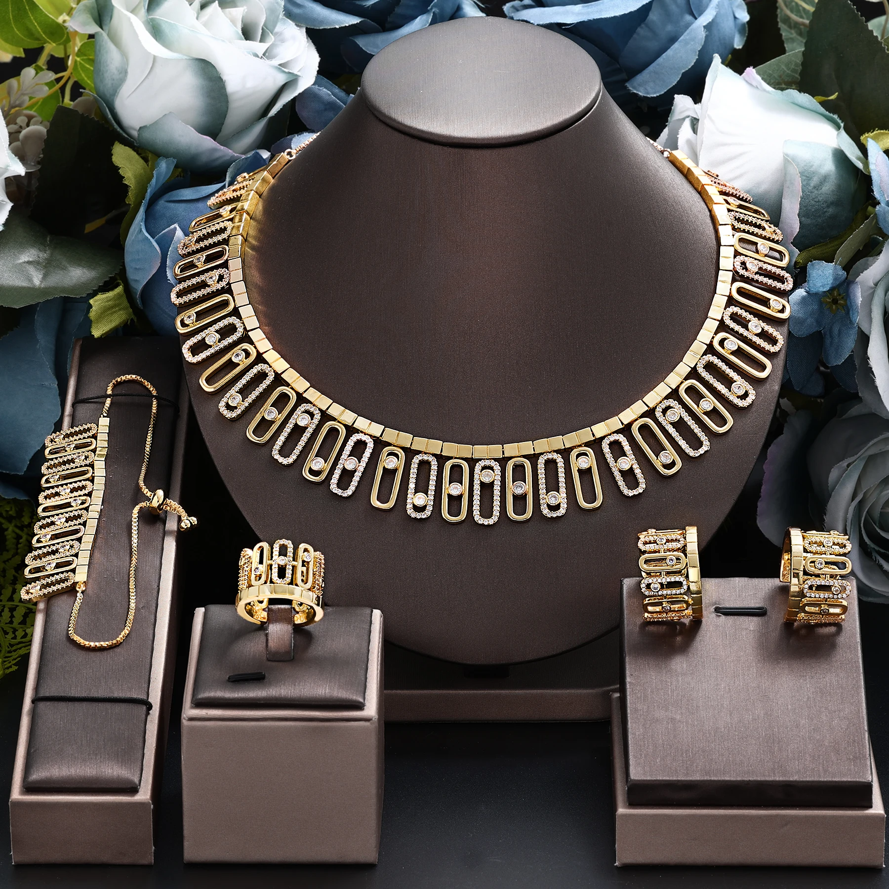 

4pcs Bridal Zirconia Full Jewelry Sets For Women Party, Luxury Dubai Nigeria CZ Crystal Wedding necklace sets