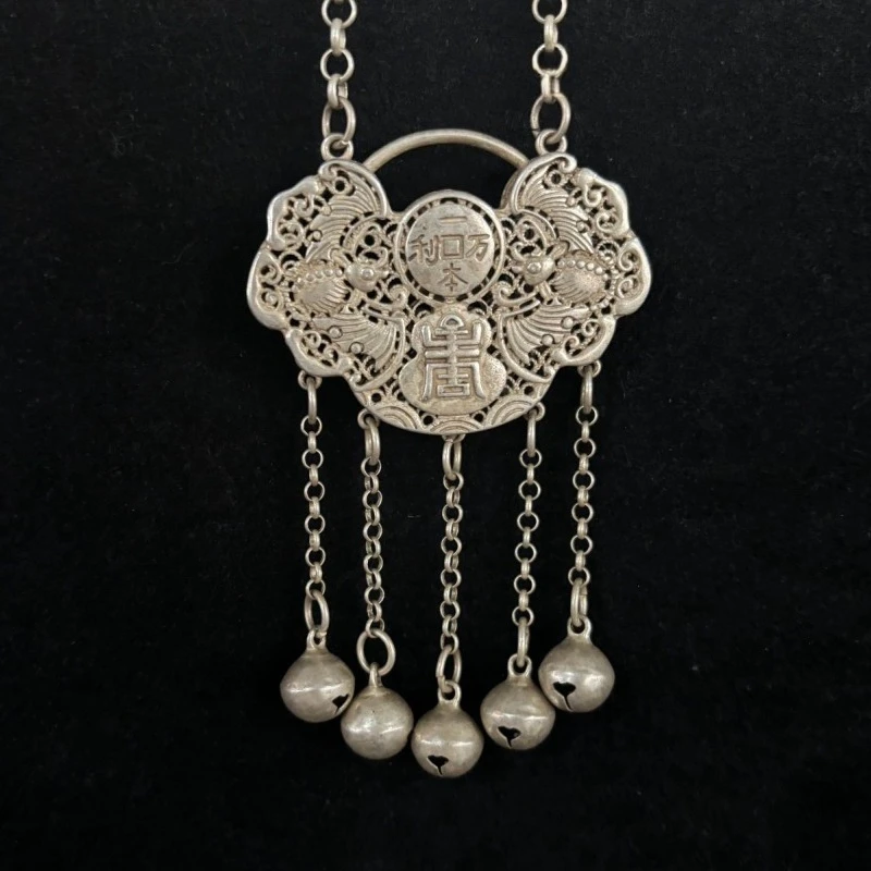 Vintage Carved Silver Plated Hollow Engraved Lock Necklace, Miao Silver Lock Inlaid Green Gemstone Antique Collectible Jewelry