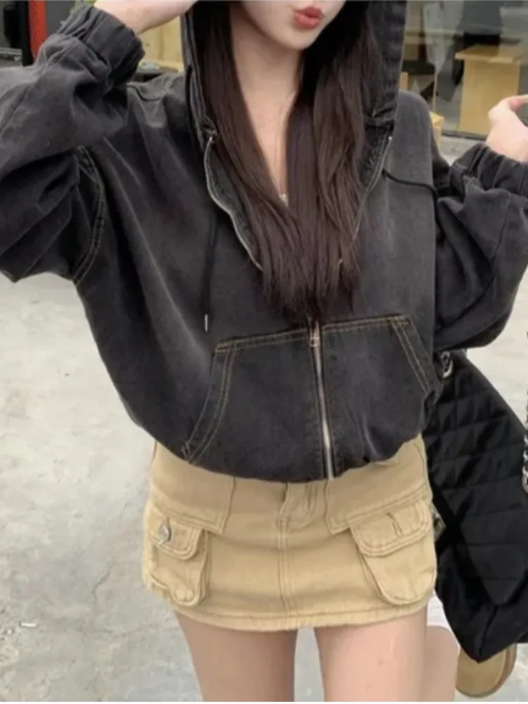 East Gate 2025 春秋 カジュアル クールガール レトロ フード付き ドローストリング 防風 デニムジャケット レディース ファッション ストリートウェア