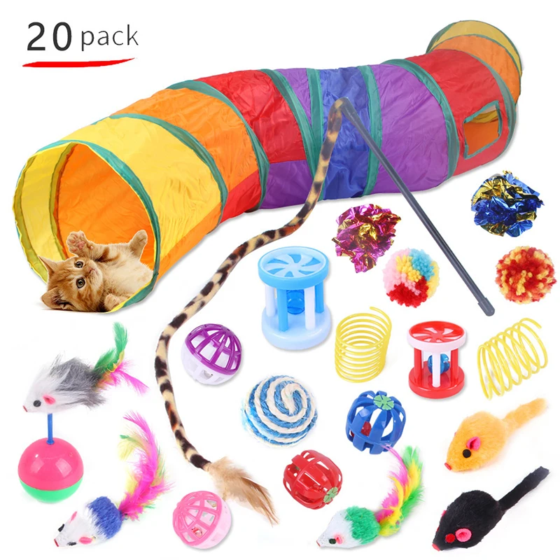 Cat Toys Kit Collapsible Tunnel Cat Toy Pet Kitten Dog Cat Interactive Play Supplies Fun Channel Feather Balls Mice Shape