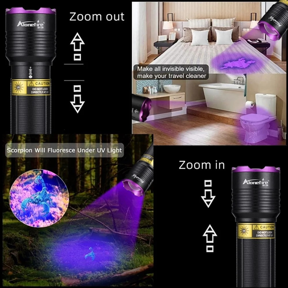 Alonefire Zoom 365nm/395nm Mini UV Led Light Flashlight Pet Cat Dog Urine Tinea Ore Money Jade Scorpion Detection Lamp Torch view 6