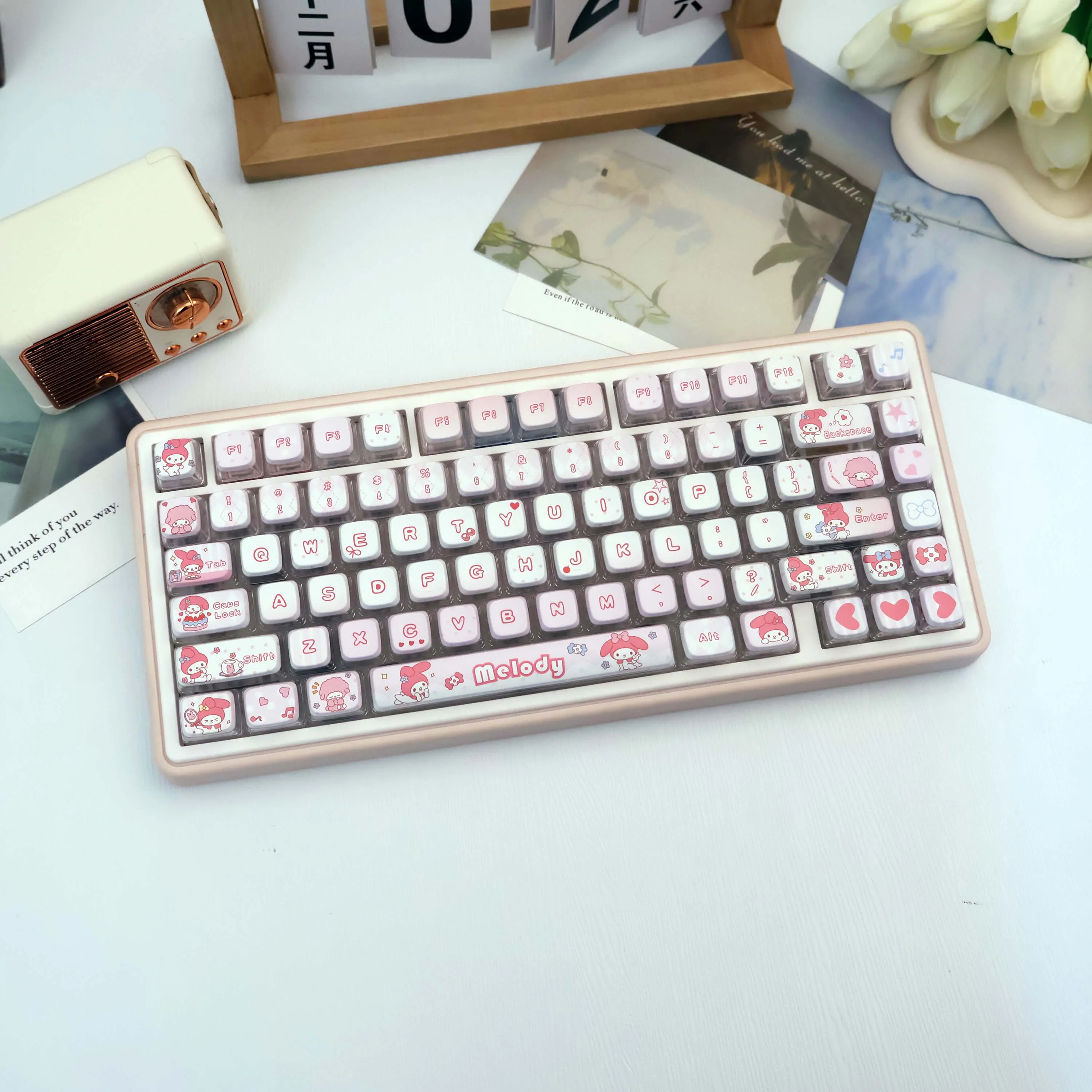 Teclas My Melody Pudding, 120+ Teclas, Diseño Translúcido en 4 Lados, Juego de Teclas para Teclado Mecánico, Numpad, 60%, 75%, TKL, 96%, 100%