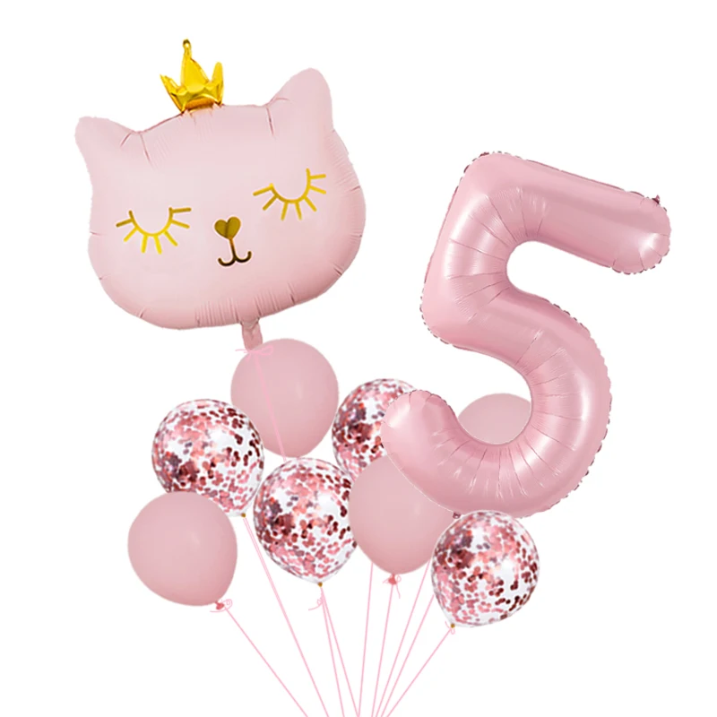 Rosa Krone Katze Folien-Zahlenballons Cartoon-Tier Wimpelkette Set Mädchen Happy Birthday Party Dekorationen Kinder Babyparty Geschenk – Detail 11