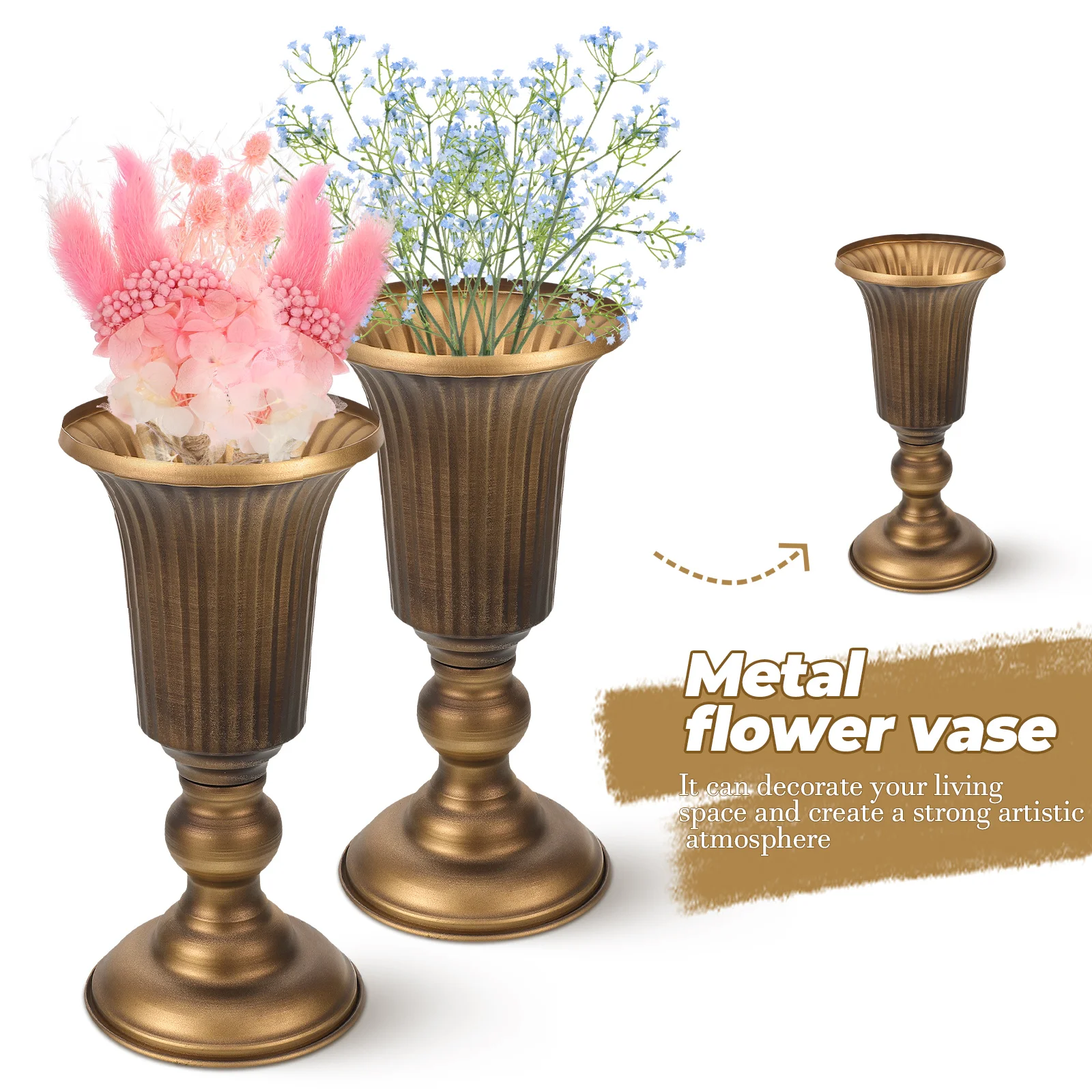 

Artificial Flower Vase Fluted Iron Floral Arrangement Container Vintage Golden Metal Planter Home Office Hotel Decor Bonsai Pot