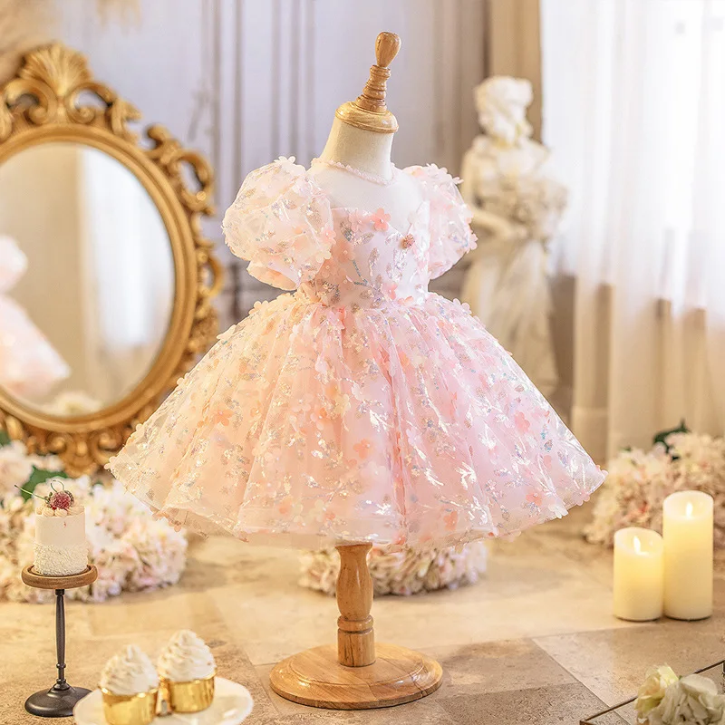

2025Girls' New Flower Fairy Birthday Party Pink Puffy Model Show Performance Princess Dress