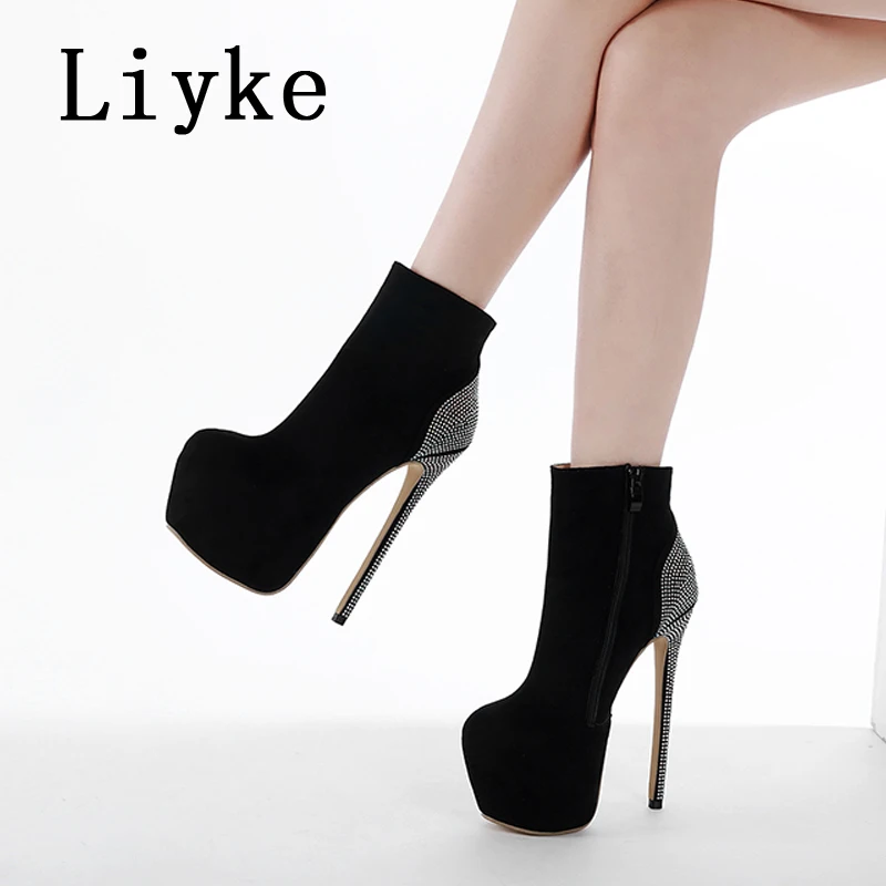 Liyke Black Women Zip Sexy Party Nachtclub Stripper Pole Dance Platform Boots Fashion Crystal Rhinestone High Heels Shoe Size 42